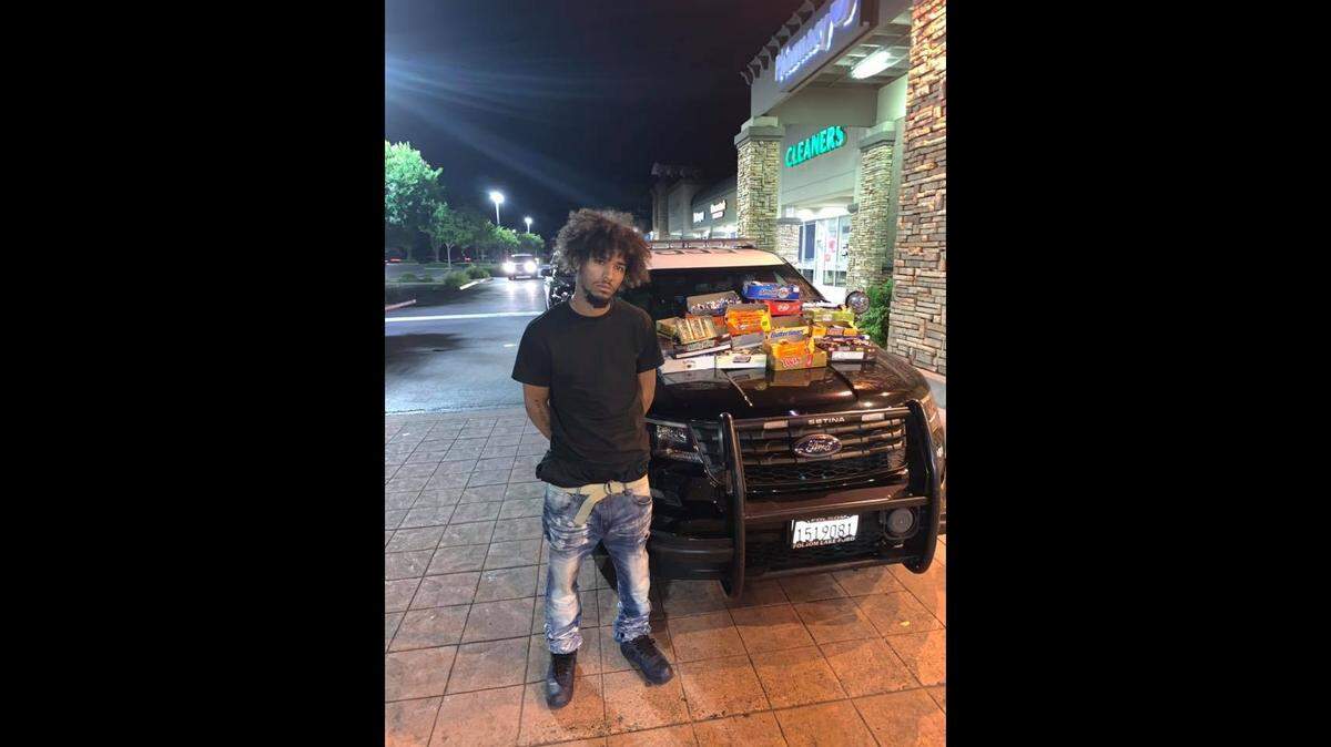 Police arrested Rodney Gaston, 20, of Merced, on suspicion of grand theft and burglary after he was found with more than $1,000 worth of candy stolen from a Folsom Safeway store.