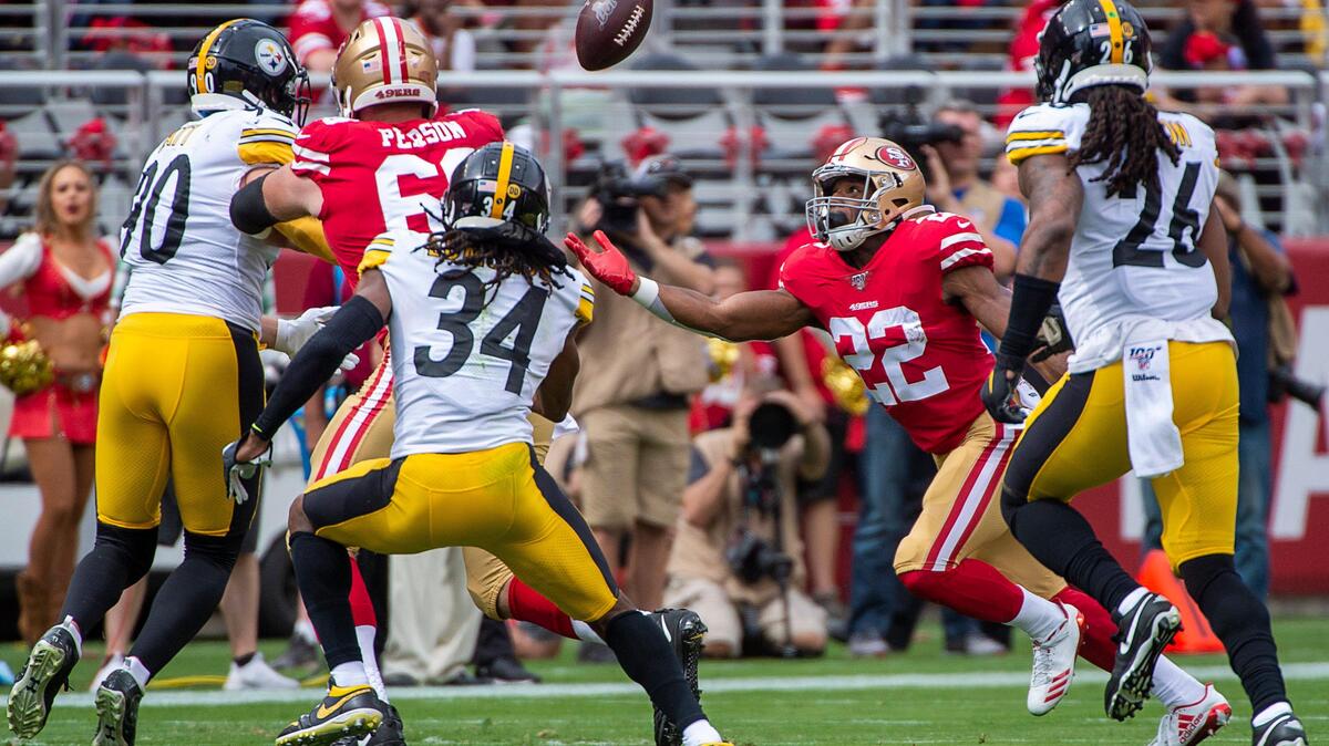 San Francisco 49ers running back Matt Breida (22) loses the ball in the first quarter during a game against Pittsburgh at Levi’s Stadium on Sunday, Sept. 22, 2019, in Santa Clara. It was recovered by the Steelers.