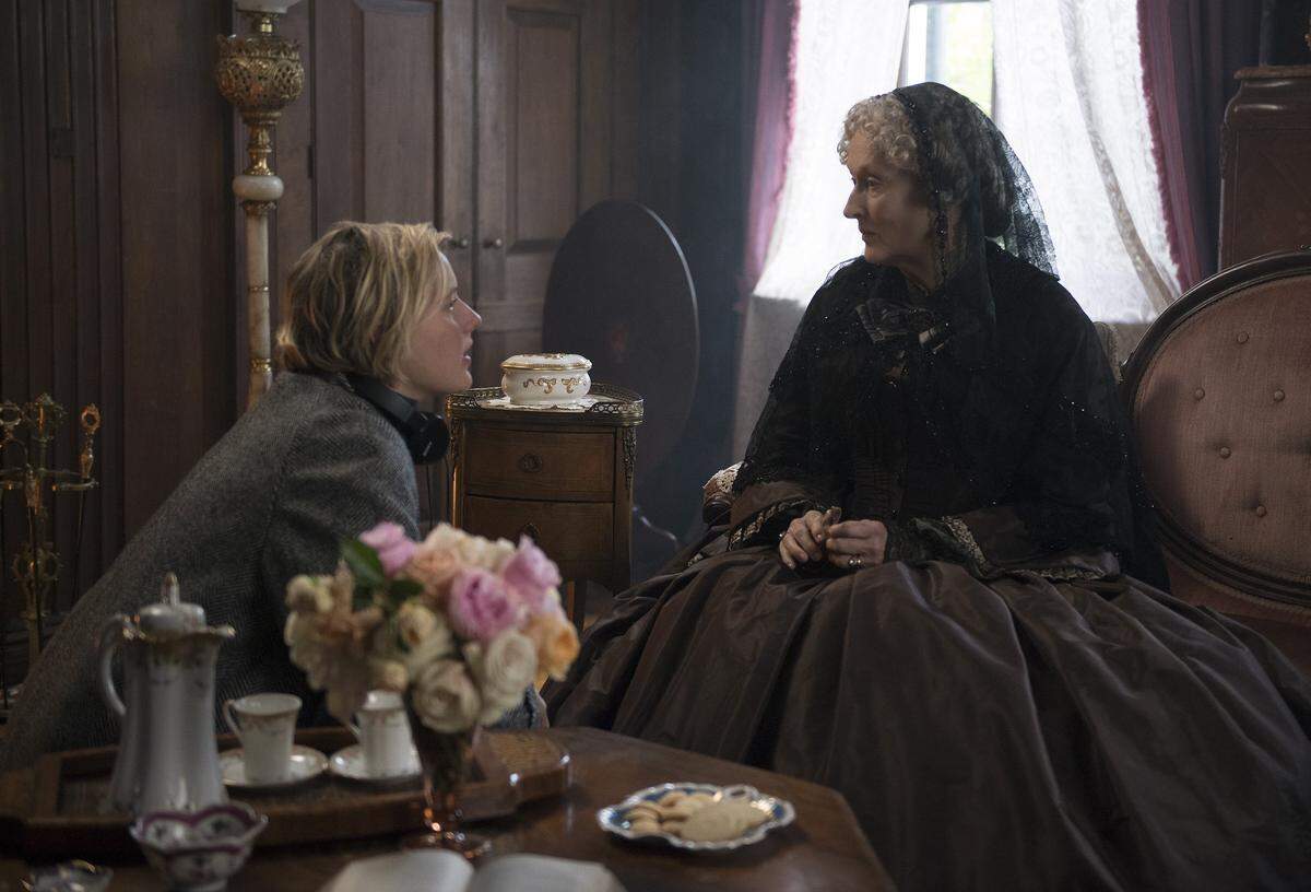 This image released by Sony Pictures shows, writer-director Greta Gerwig, left, and actress Meryl Streep on the set of “Little Women.” Women directed 12 of 2019’s top 100-grossing films in 2019, according to a study released Thursday by USC Annenberg Inclusion Initiative Female filmmakers. (Wilson Webb/Sony Pictures via AP)