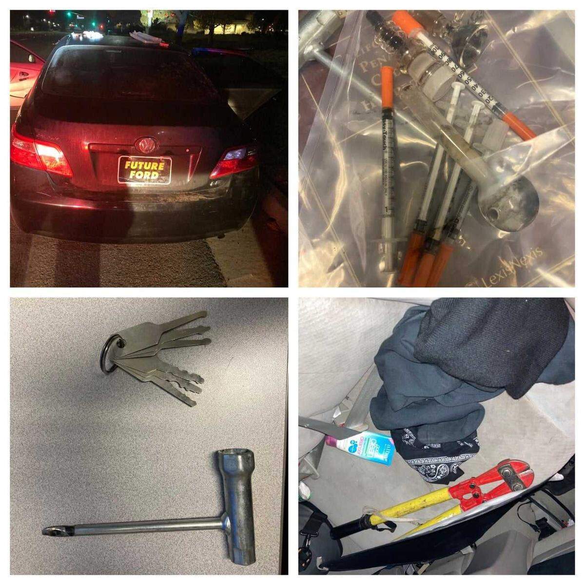 A police officer pulled over a Toyota Camry with an altered license plate and vehicle emblem early Tuesday Nov. 24, 2020 on Twelve Bridges Drive near East Joiner Parkway in Lincoln, California and found two Sacramento men in alleged possession of drug paraphernalia burglary tools.