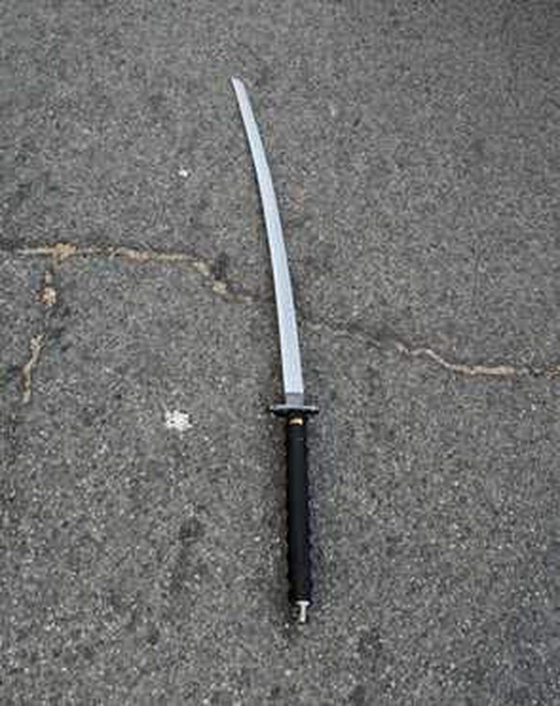A photograph of the sword police said the man was wielding when he was shot by an officer on the 3100 block of Occidental Drive on July 14, 2025. The man was hospitalized and was expected to be booked into jail once medically cleared.