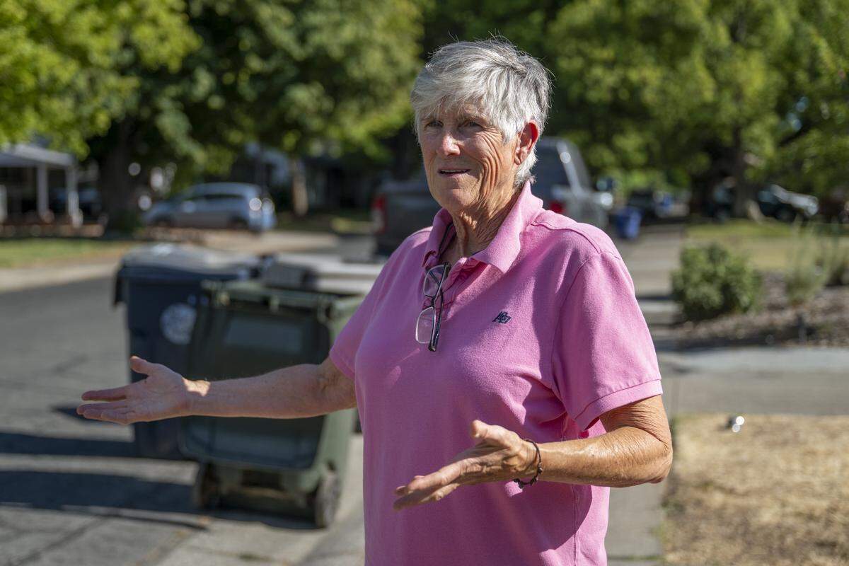 Nora Williams speaks with reporters about the need for speed bumps on 62nd Street in Tahoe Park in July. 