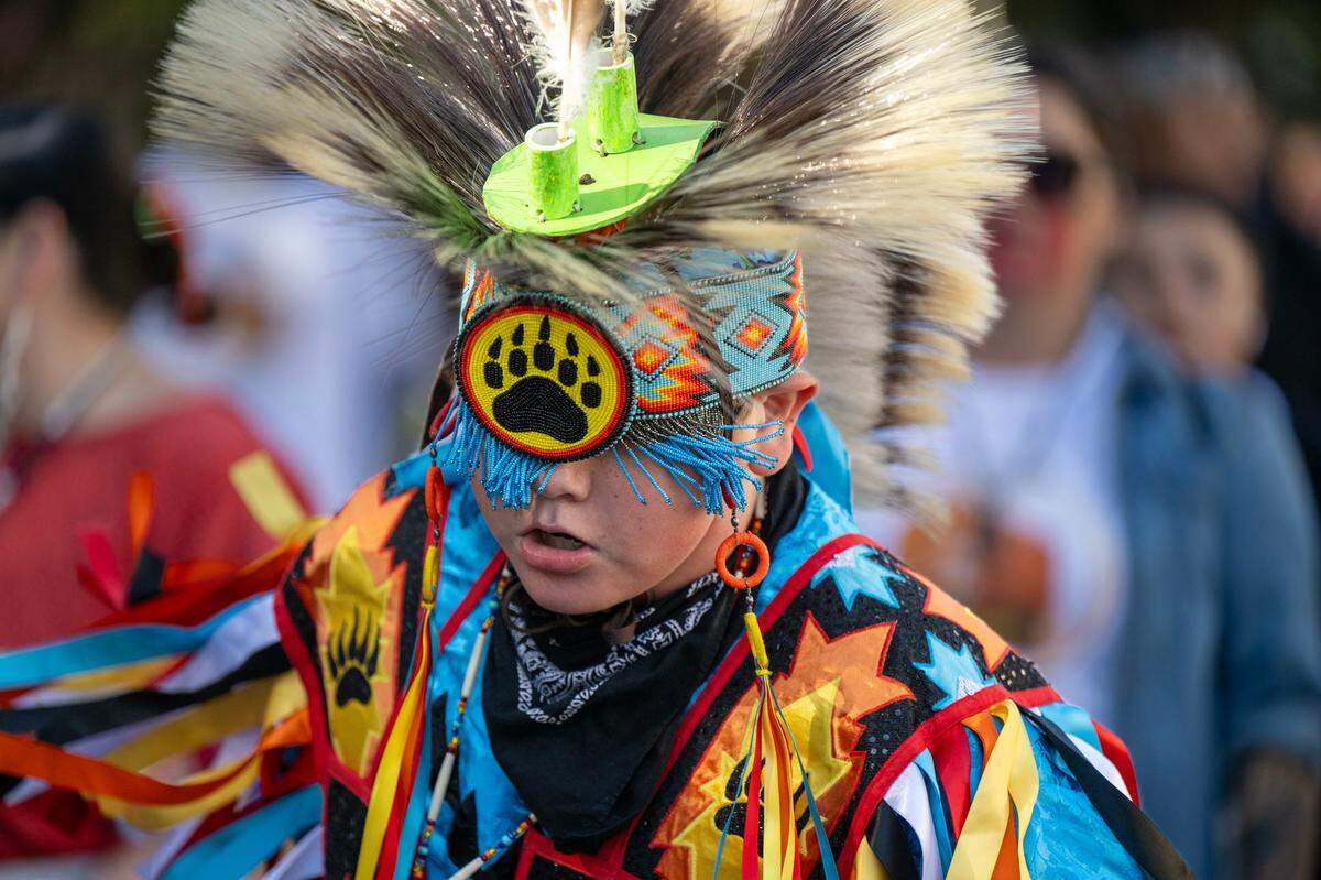 Navajo dancer Jackson Prado during the Native American Parade on Saturday in downtown Sacramento.