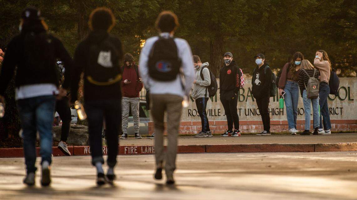 Students at Granite Bay High School walk to school after returning to campus in 2021. The school rated highly on the U.S. News Best High Schools rankings .