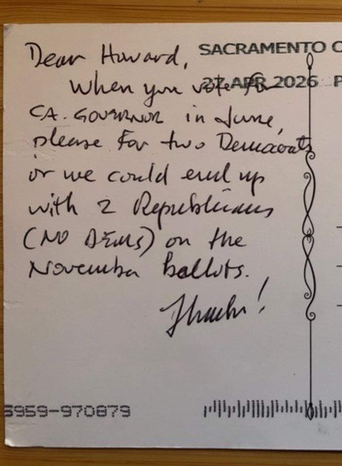 A handwritten, unsigned postcard received by a Nevada City Democrat urged him to vote for two candidates, a move that would invalidate his ballot.