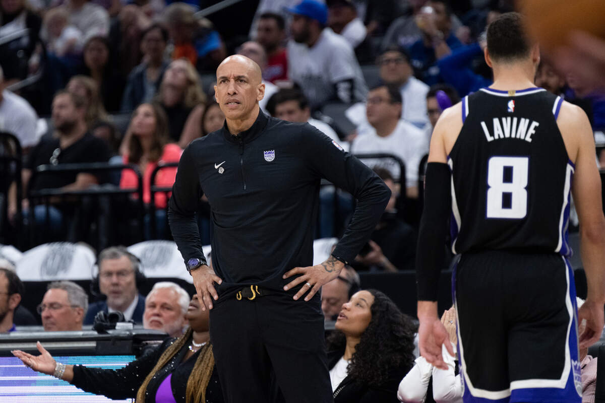 Sacramento Kings interim head coach Doug Christie reacts during a time out as the Kings trail the Dallas Mavericks during an NBA play-in game at Golden 1 Center on Wednesday.