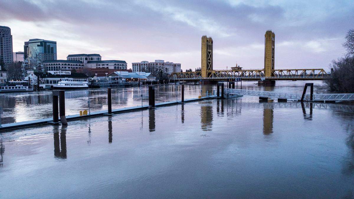 A view of the Sacramento River and Downtown Sacramento from a drone on Thursday, Jan. 12, 2023.