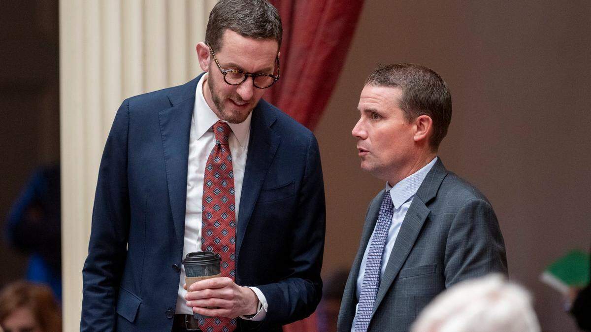 State Sen. Scott Wiener, D-San Francisco, left, and Senate President pro Tem Mike McGuire, D-Santa Rosa, speak on Friday, June 13, 2025, during a debate on the budget proposal at state Capitol.