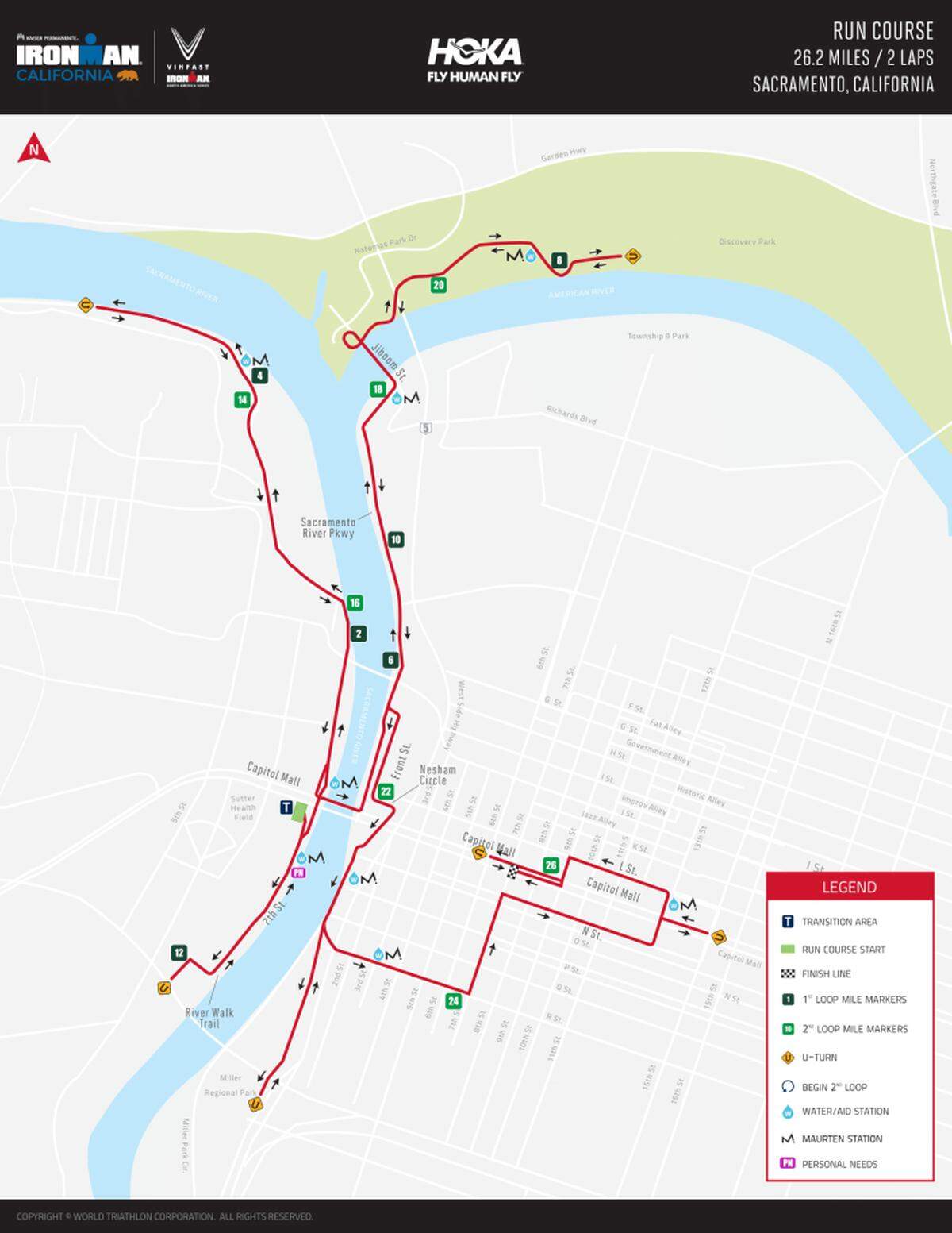 A map shows the running course for the Kaiser Permanente Ironman California triathlon in Sacramento on Sunday, Oct. 27, 2024.