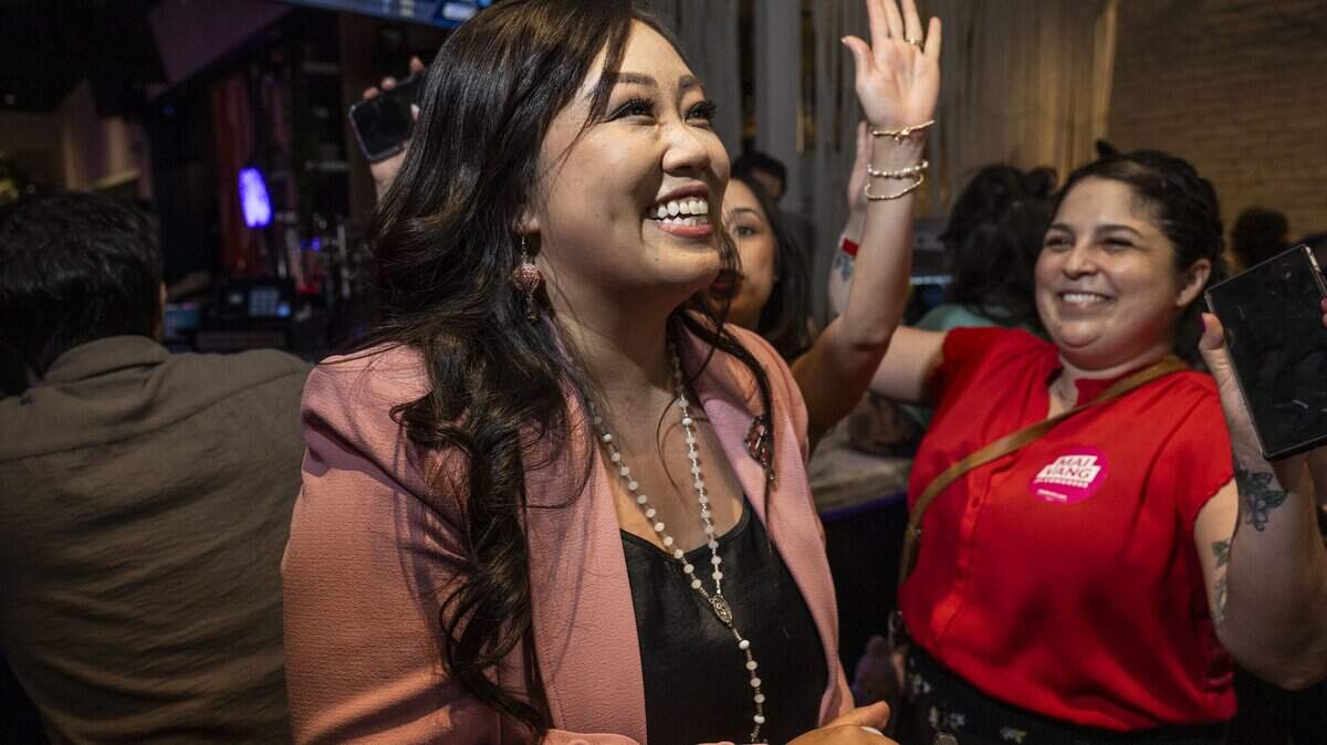 Sacramento City Councilmember Mai Vang, a candidate for the 7th Congressional District, celebrates early returns with former City Councilmember Katie Valenzuela during her election night party at The Lock & Key in midtown Sacramento on Tuesday, June 2, 2026.