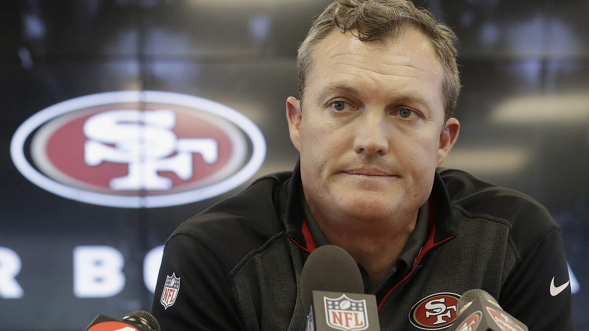 San Francisco 49ers general manager John Lynch speaks to reporters at the team’s football facility in Santa Clara, Calif., Monday, April 23, 2018. (AP Photo/Jeff Chiu)