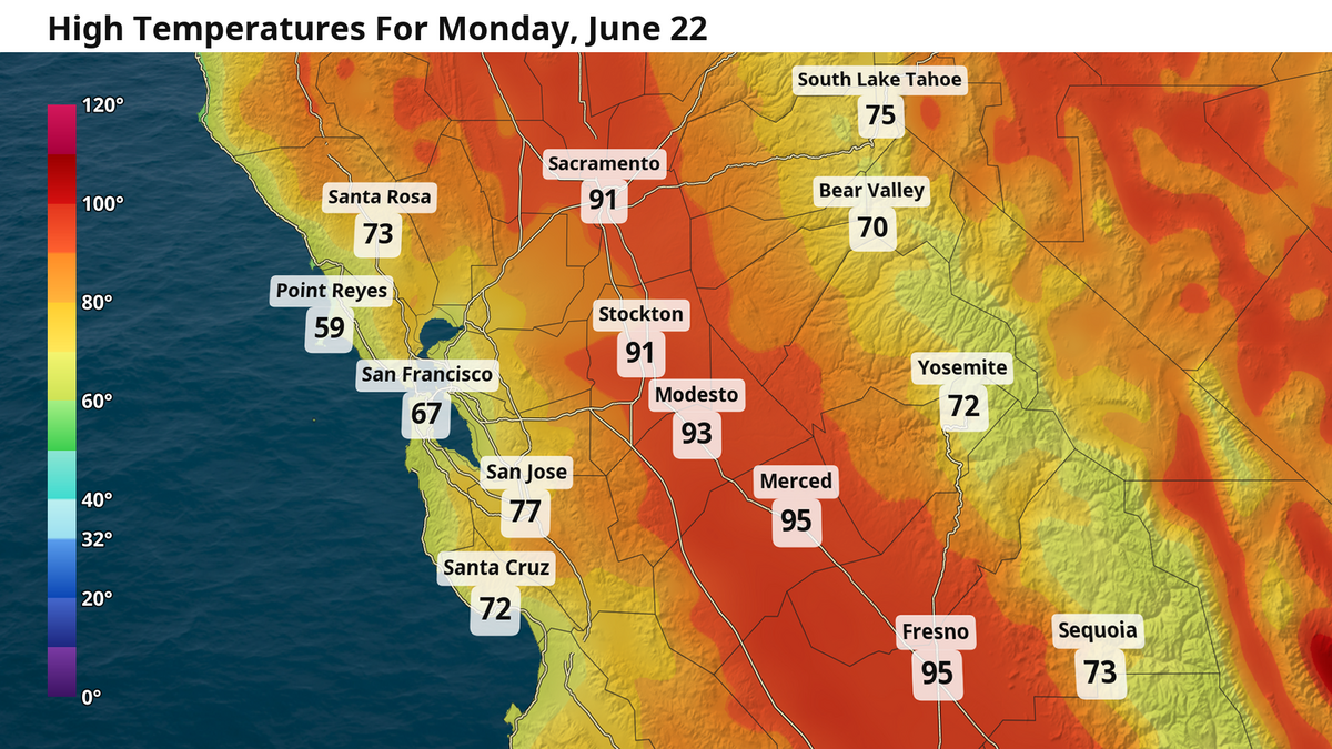 High temps in the 90s across the Central Valley on June 22, 2026