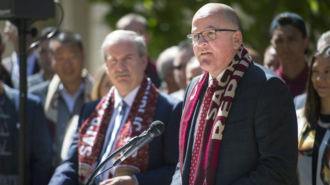 Republic FC president Warren Smith speaks outside Sacramento City Hall on May 15, 2017. Smith is stepping down from that role but will serve as a special adviser with both Republic FC and also with another USL club.