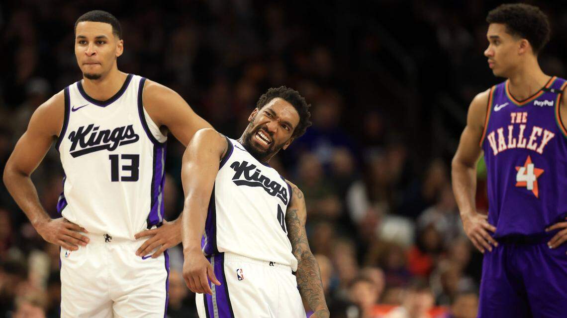 Mar 14, 2025; Phoenix, Arizona, USA; Sacramento Kings guard Keon Ellis (23) reacts against the Phoenix Suns during the second half at Footprint Center. Mandatory Credit: Mark J. Rebilas-Imagn Images