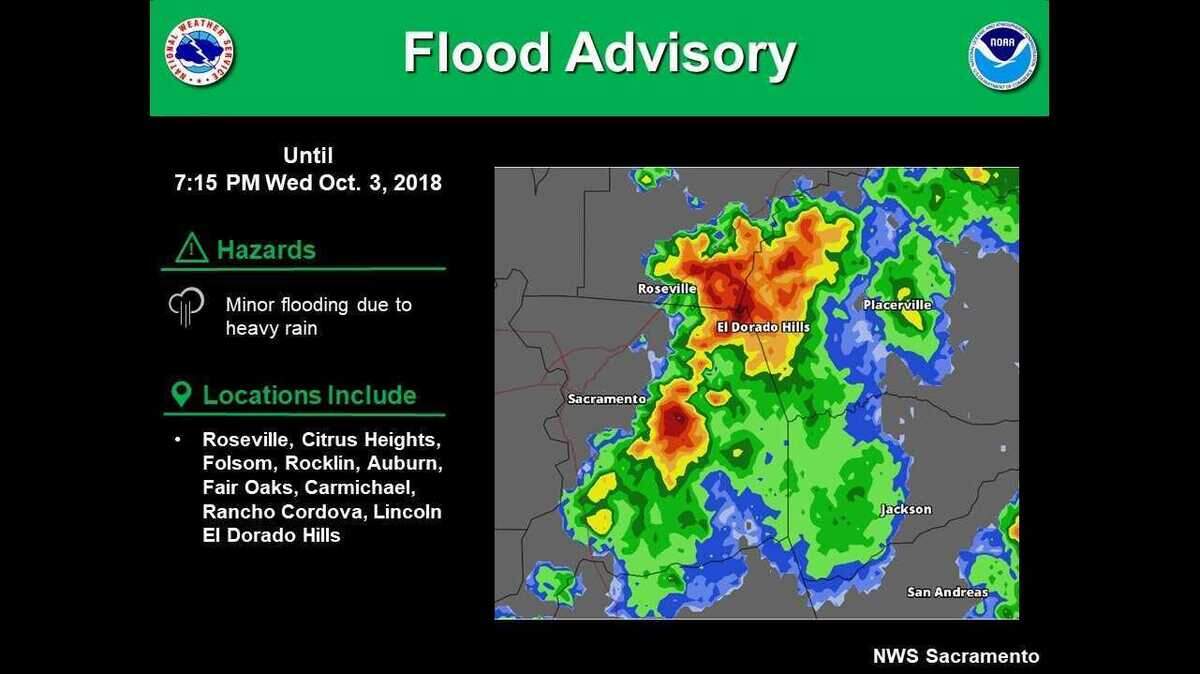 The National Weather Service released a flood advisory due to heavy rain in parts of Sacramento on Wednesday.