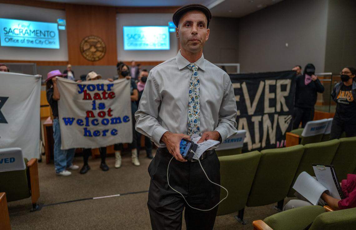 Ryan Messano attends a Sacramento City Council meeting in May 2023.