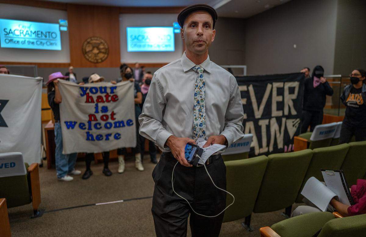 Ryan Messano did not get to speak at Sacramento City Council meeting on Tuesday, May 23, 2023, after protesters stormed the chamber shouting “Go home Nazis” toward him and his group. Messano made antisemitic remarks at a previous Sacramento City Council meeting.
