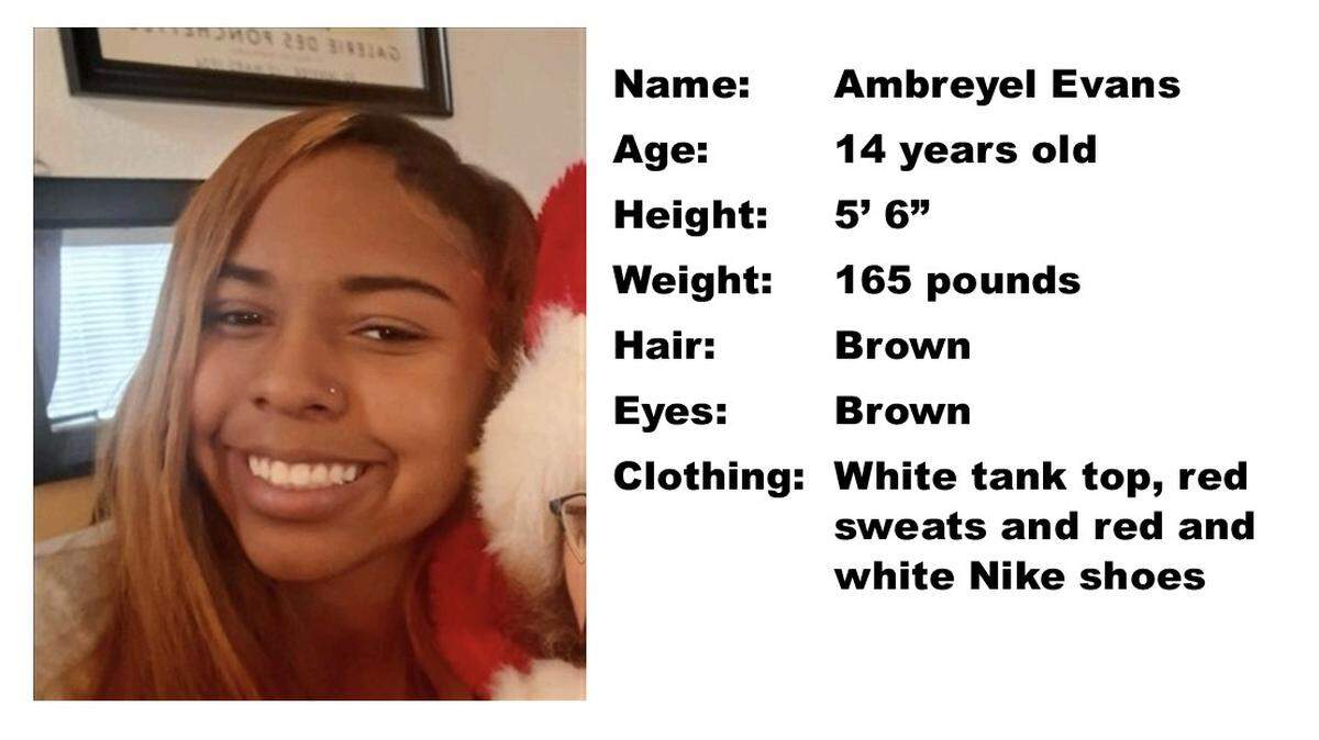 Ambreyel Evans, age 14, was reported missing Wednesday, after being last seen in West Sacramento on Friday. The California Highway Patrol activated the alert on behalf of the West Sacramento Police Department.