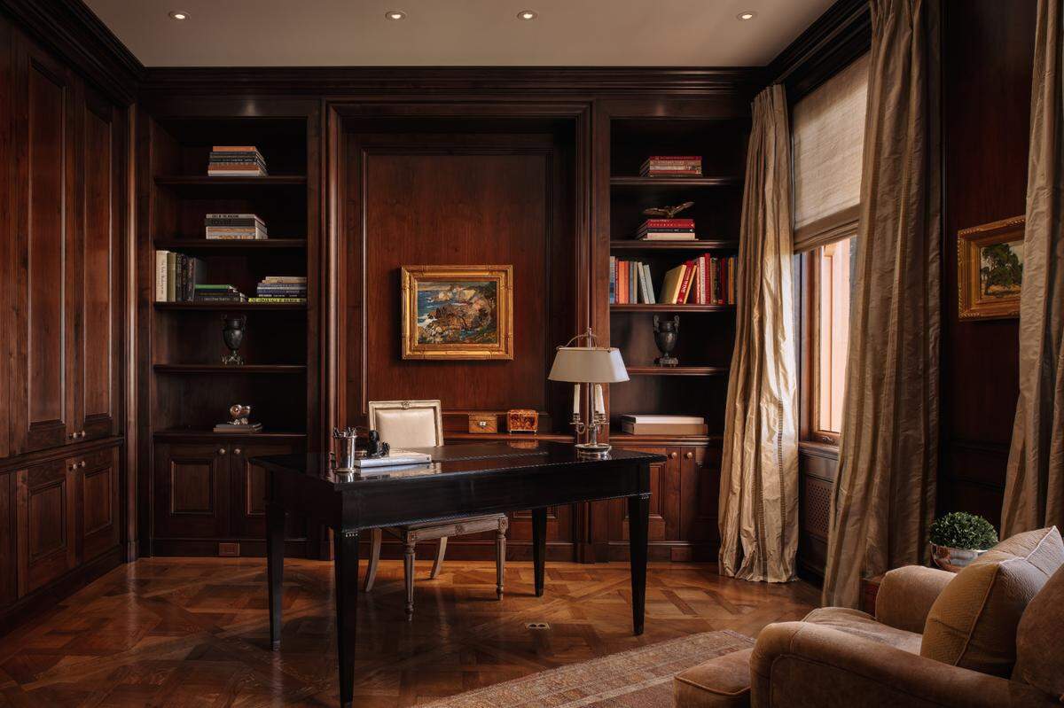 The Walnut-clad library and media room.