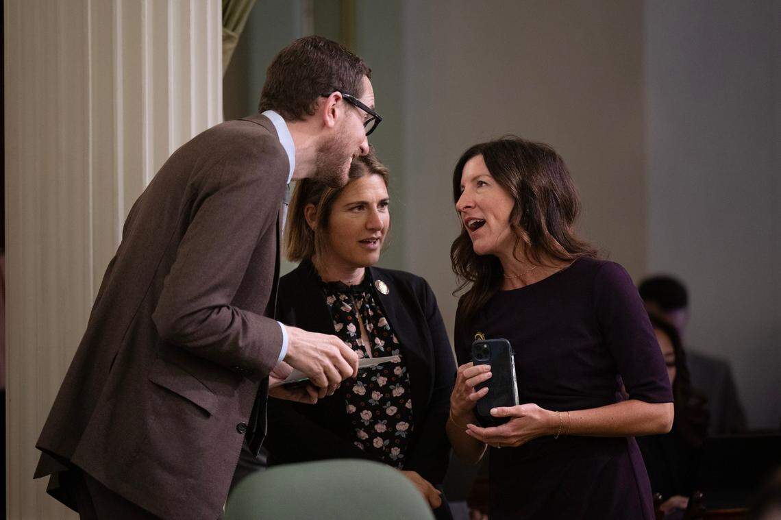 Assemblywoman Cottie Petrie-Norris, D-Irvine, right, speaks with man Scott Weiner, D-San Francisco, and Rebecca Bauer-Kahan, D-Orinda, on Wednesday.