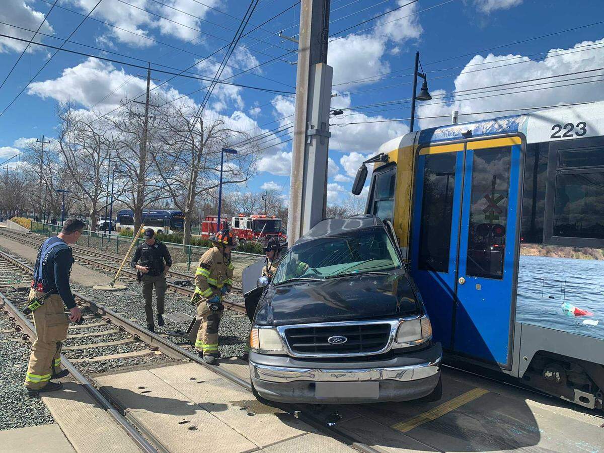 A&nbsp;Sacramento Regional Transit District&nbsp;light rail train crashed with a black Ford F-150 pickup Wednesday afternoon March 8, 2023, at Folsom Boulevard and Mather Field Road in Rancho Cordova, California.