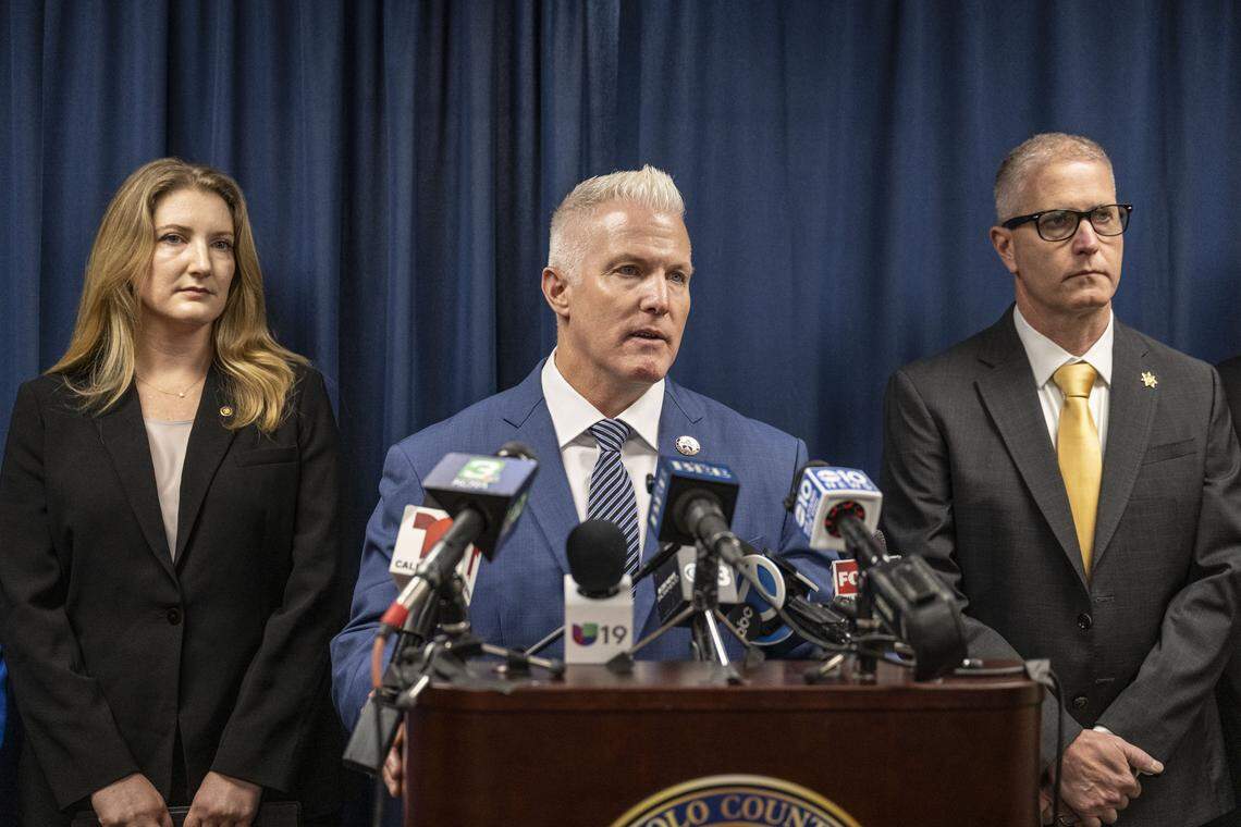 Yolo County District Attorney Jeff Reisig speaks during a news conference on Friday in Woodland after eight people were indicted in relation to the fatal Esparto fireworks explosion in 2025.