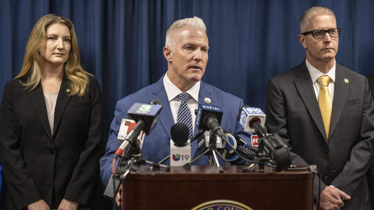 Yolo County District Attorney Jeff Reisig speaks during a news conference on Friday, April 10, 2026, in Woodland after eight people were indicted in relation to the fatal Esparto fireworks explosion in 2025.