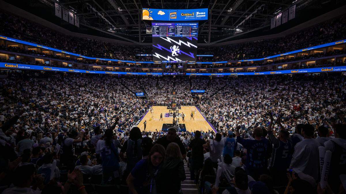 Sacramento Kings fans cheer as they play the Golden State Warriors during the second half of Game 1 of the first-round NBA basketball playoff series at Golden 1 Center on Saturday, April 15, 2023.