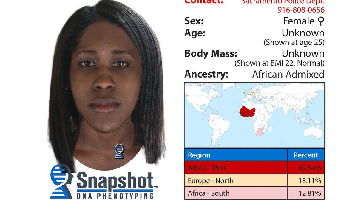 The Sacramento Police Department released this DNA phenotyping profile by Parabon NanoLabs in the hopes of identifying a woman found dead in a dumpster set on fire in 2001.