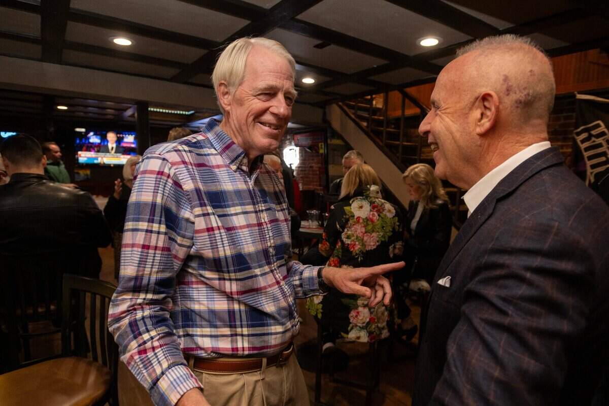 Sacramento City Council District 2 candidate Roger Dickinson talks with Mayor Darrell Steinberg during his election night party at Stoney’s Rockin Rodeo on Tuesday.