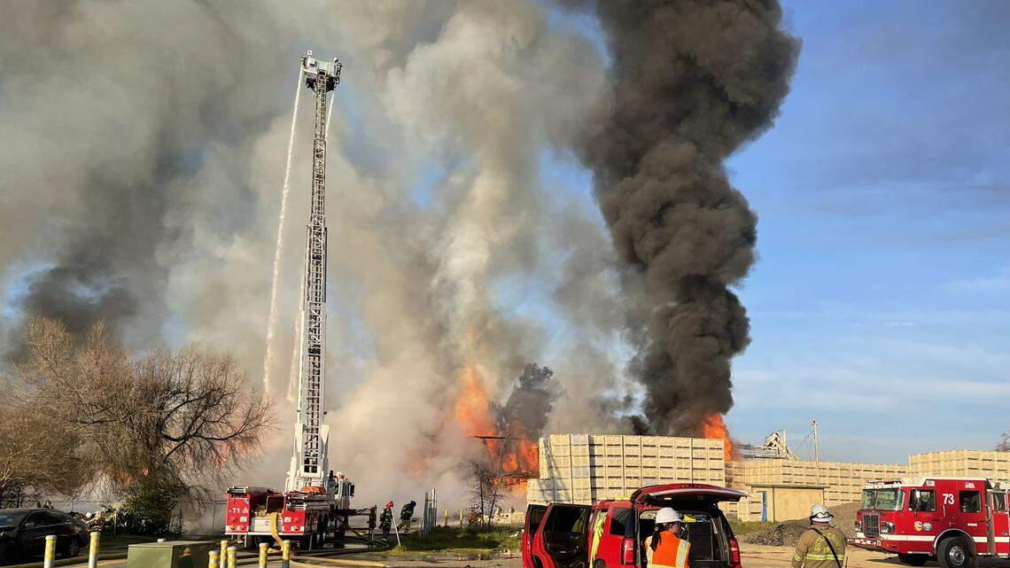 A large fire engulfed the vacant Diamond Walnut Growers plant in Live Oak, California, on Friday, February 4, 2022.
