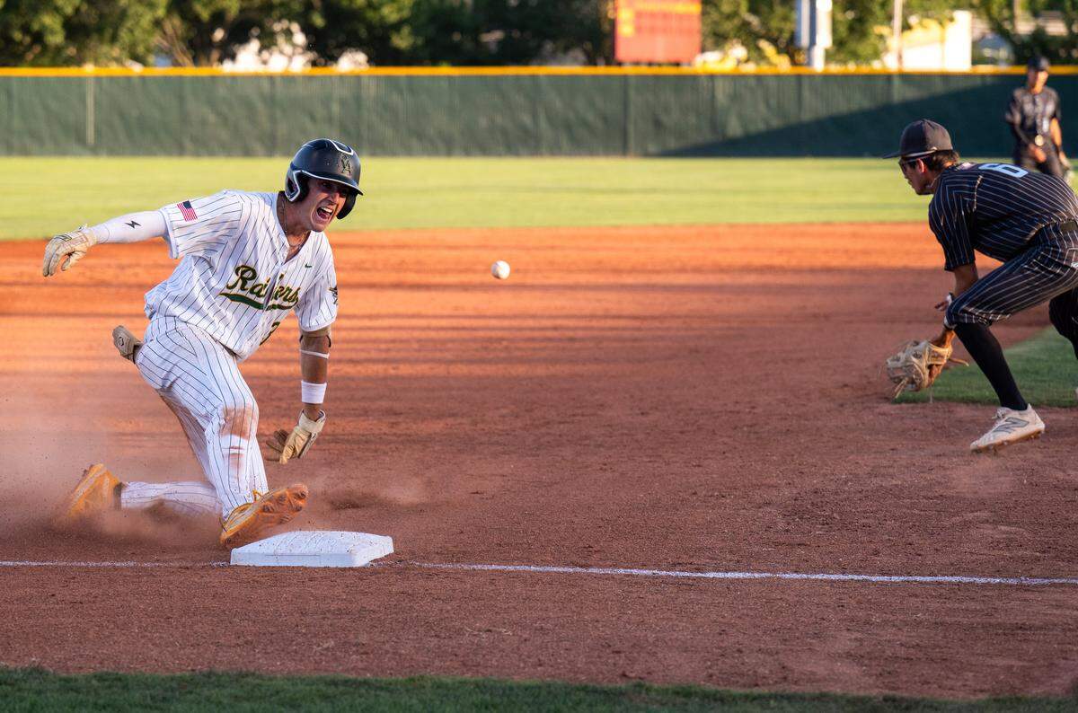 Rio Americano Raiders shortstop Trey Howell-Chase slides into third base for a triple in the fifth inning against the El Capitan Gauchos in the CIF Sac-Joaquin Division III baseball championship game at Sacramento City College on Wednesday.