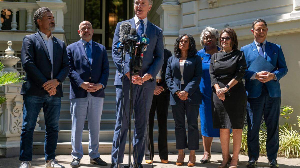 Gov. Gavin Newsom speaks during a news conference about redistricting at the Governor’s Mansion in downtown Sacramento on Friday, July 25, 2025, after meeting with Texas lawmakers about Republican plans to redraw districts in that state.