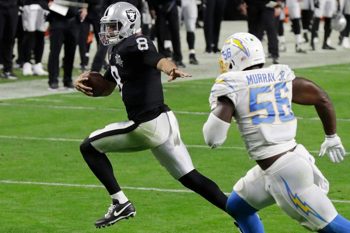 Las Vegas quarterback Marcus Mariota saw action as Derek Carr’s backup in one game with the Raiders this past season.