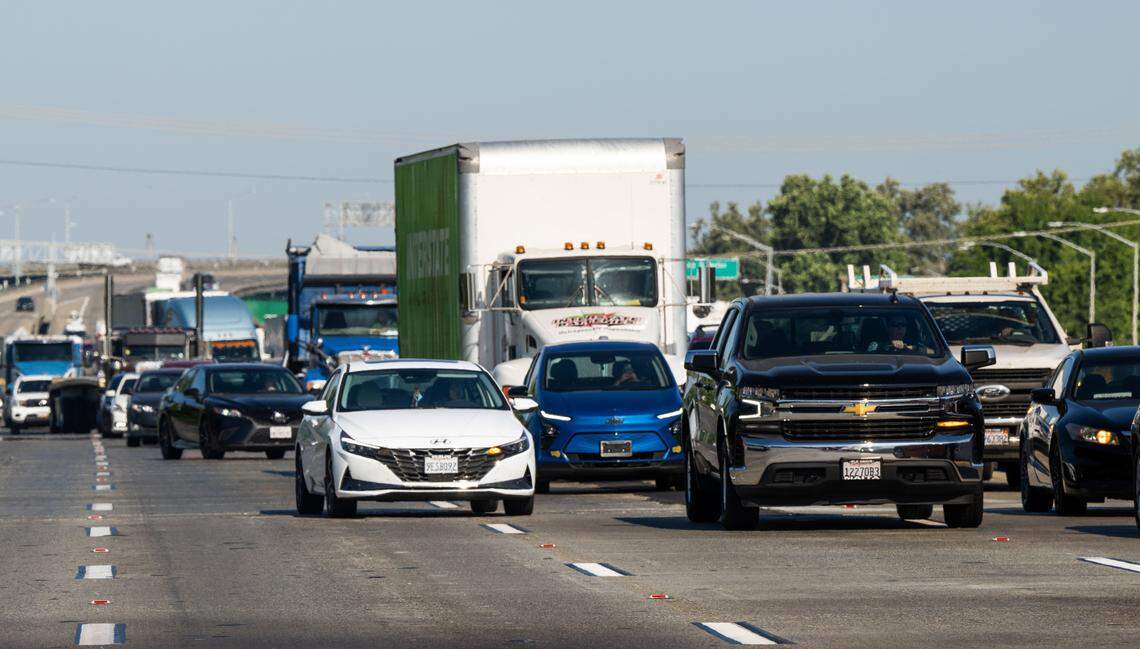 Traffic backs up on the Capital City Freeway on Friday, July 28, 2022. 