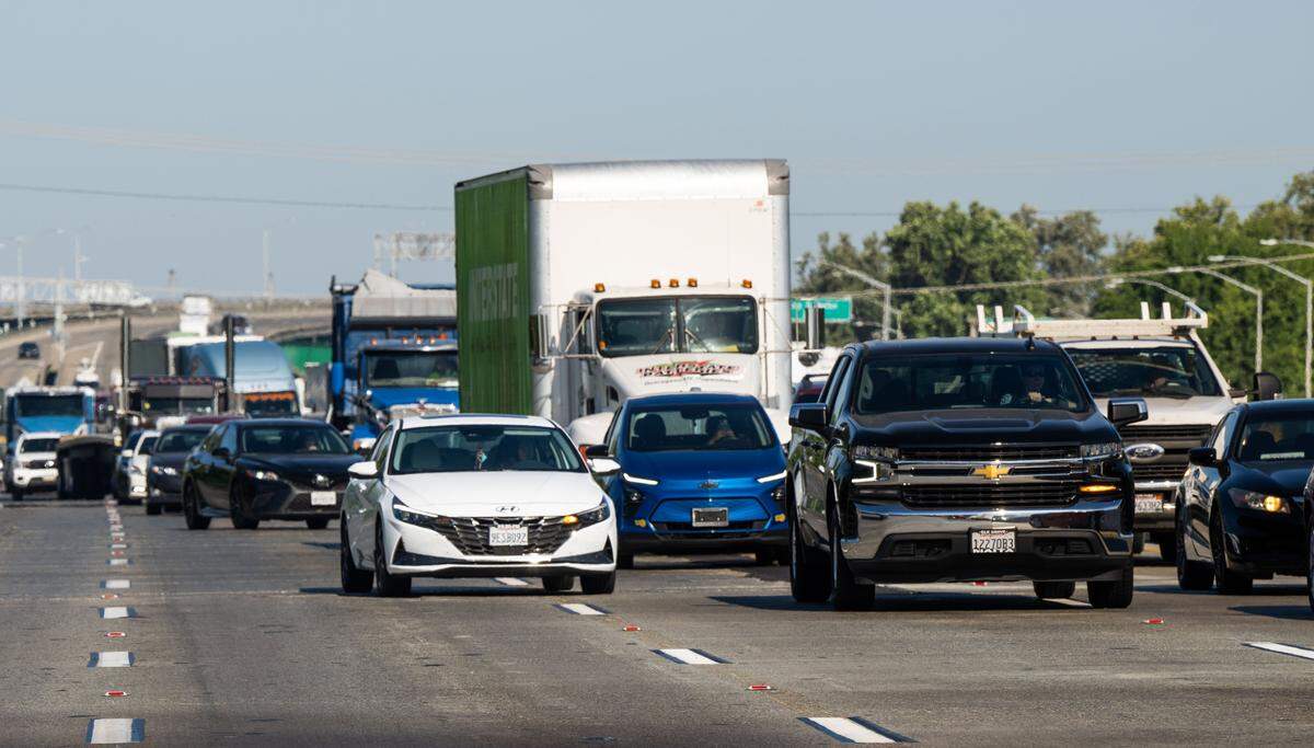 Traffic backs up on the Capital City Freeway on Friday, July 28, 2022.