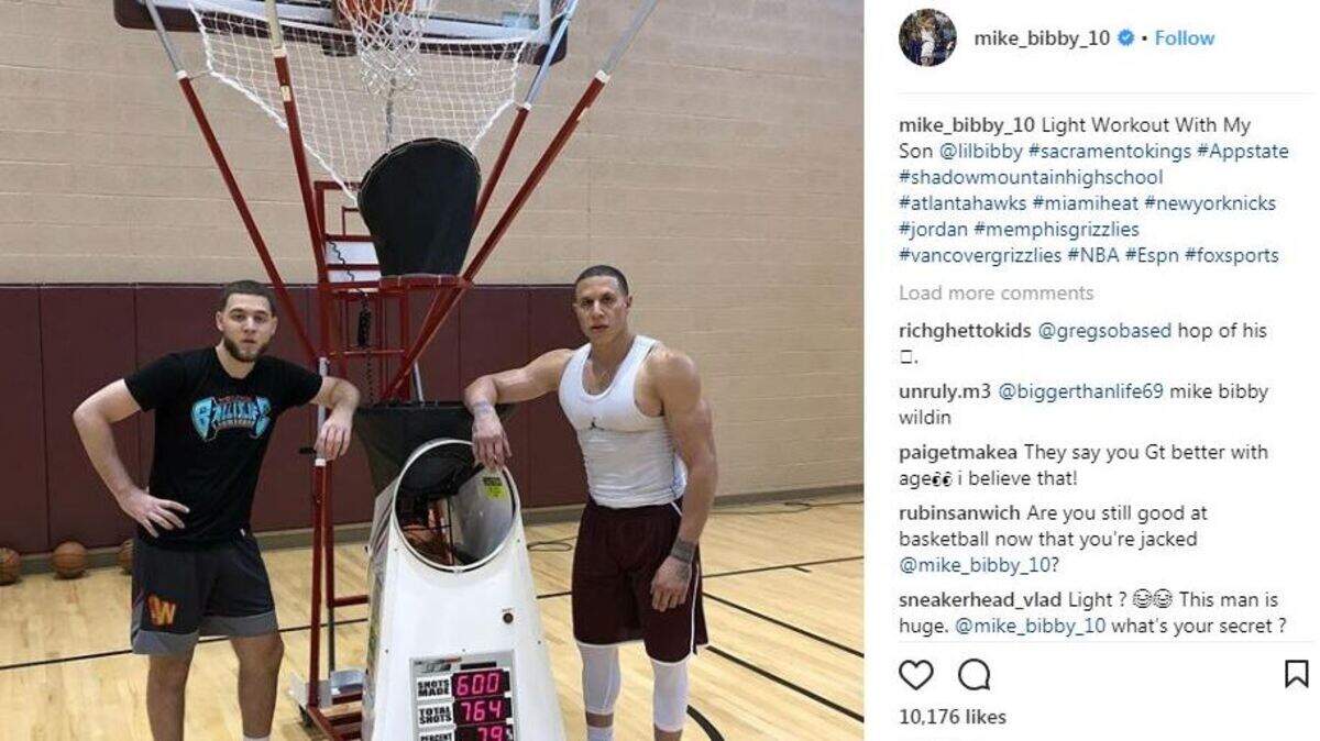 Former Kings guard Mike Bibby, right, looks much more muscular now than he did in his playing days. He posted this photo with his son on Instagram.
