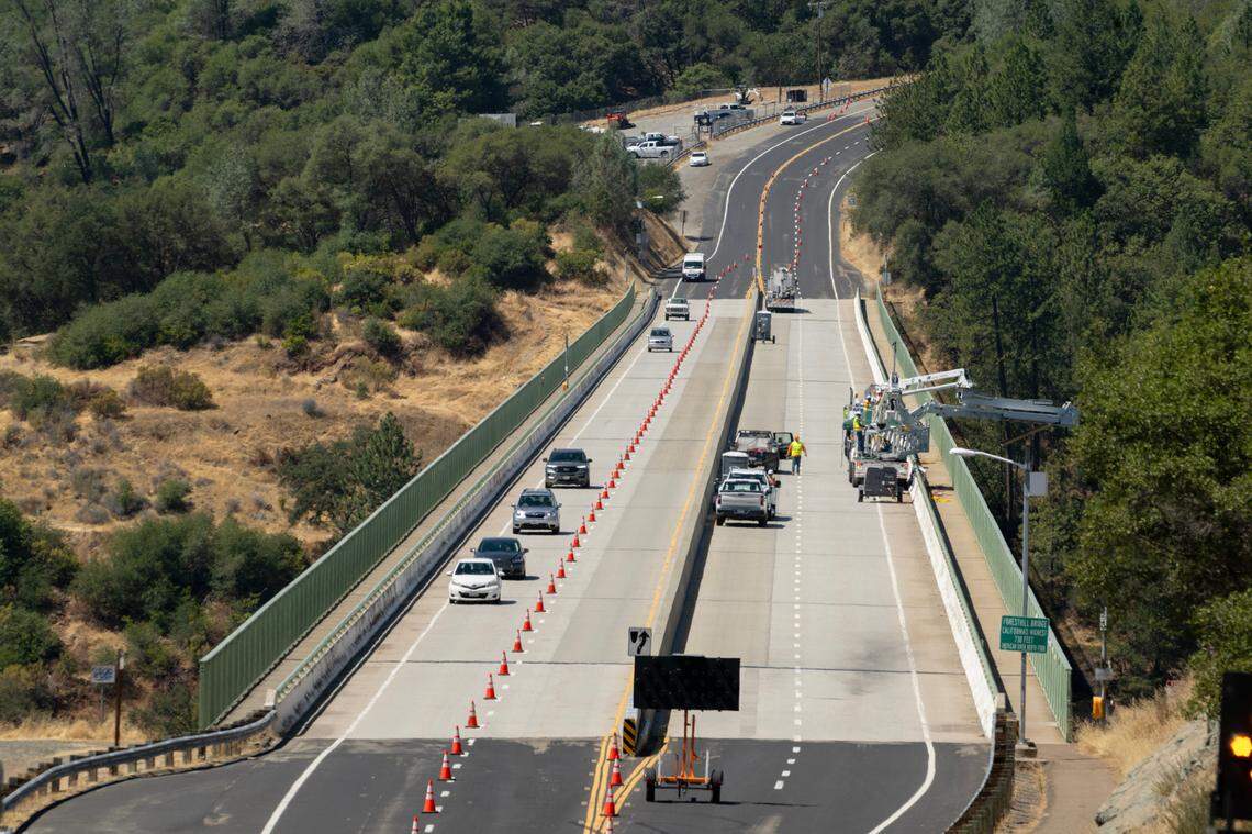 The Placer County Department of Public Works inspects the integrity of the Foresthill Bridge on Wednesday near Auburn.