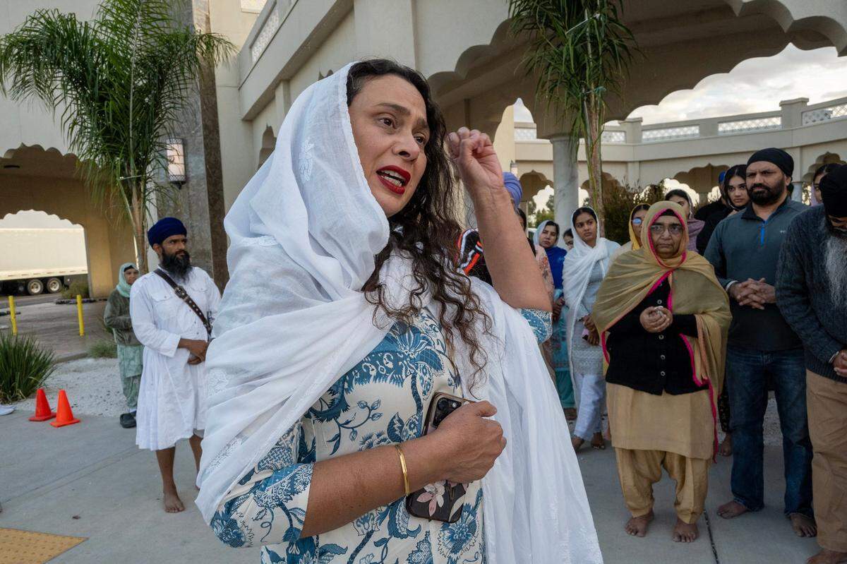 Elk Grove Mayor Bobbie Singh-Allen passionately addresses a crowd at the Gurdwara Sacramento Sikh Society in Vineyard on Wednesday, after the arrival of a group on a multi-day march to mark the 40th anniversary of deadly anti-Sikh riots in India. The group started in Bakersfield on Oct. 9, and marched 16 miles from Lodi on Wednesday.