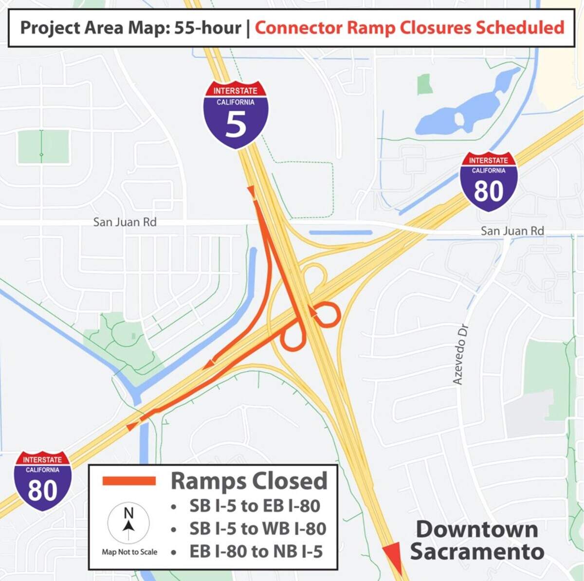 The California Department of Transportation scheduled connector ramp closures in North Natomas between Friday, Nov. 10, 2023, and Monday, Nov. 13, 2023.