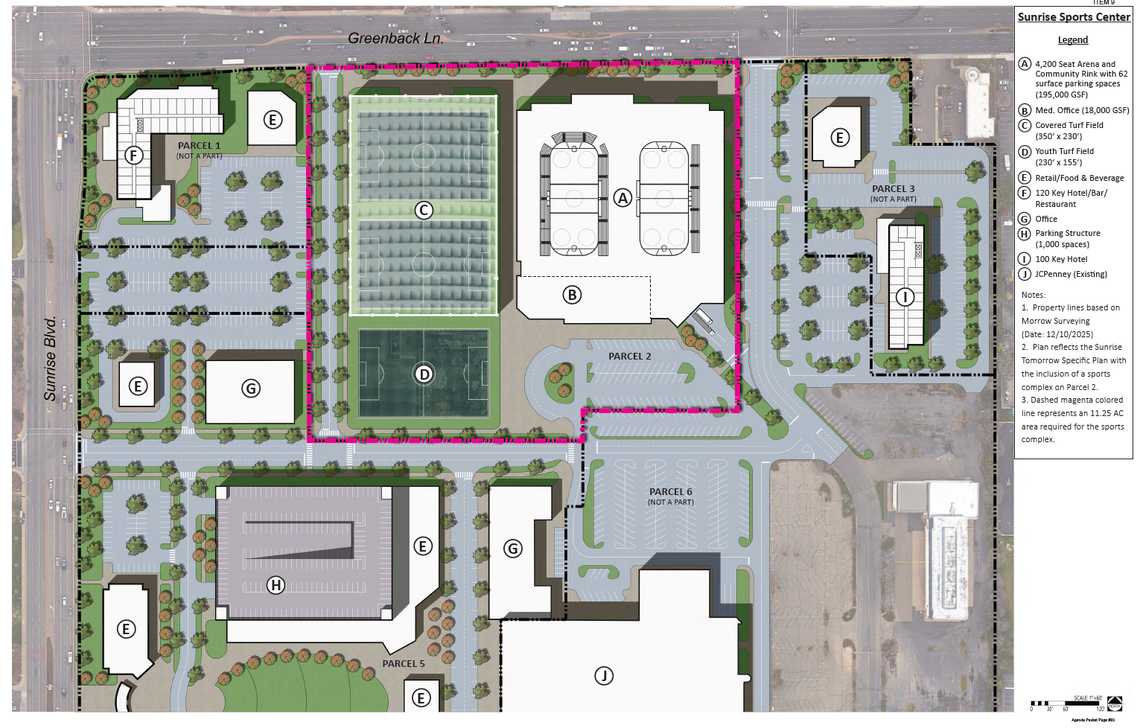 An overhead rendering shows the site of a proposed sports complex that would be built at the site of Sunrise Mall in Citrus Heights. City leaders on Wednesday were considering an agreement that would spur redevelopment of the mall into the sports complex.
