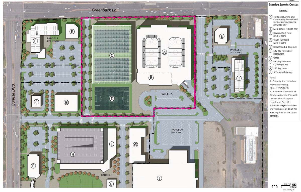 An overhead rendering shows the site of a proposed sports complex that would be built at the site of Sunrise Mall in Citrus Heights. City leaders on Wednesday were considering an agreement that would spur redevelopment of the mall into the sports complex.
