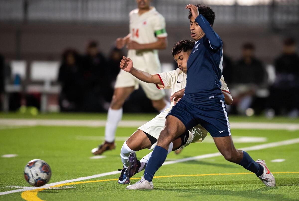 Vista del Lago’s Michael Parakandam stays ahead of Galt’s Vicente Marquez to pass the ball during the first half of the high school boys soccer Sac-Joaquin Section playoff game Tuesday, Feb. 15, 2022, at Vista del Lago High School in Folsom. Vista del Lago beat Galt 6-1.