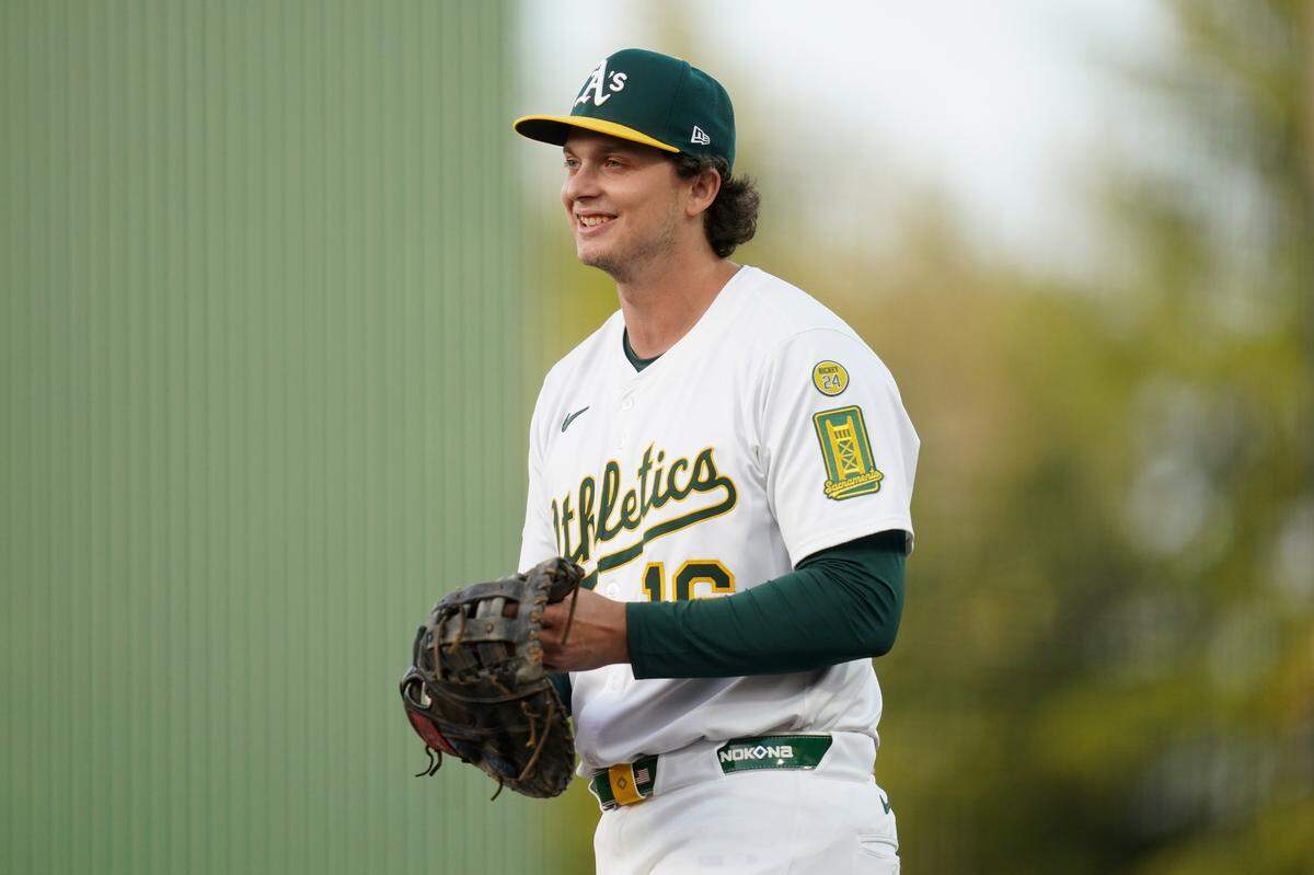 Apr 23, 2025; West Sacramento, California, USA; Athletics first baseman Nick Kurtz (16) stands on the field before the start of the game against the Texas Rangers at Sutter Health Park. Mandatory Credit: Cary Edmondson-Imagn Images