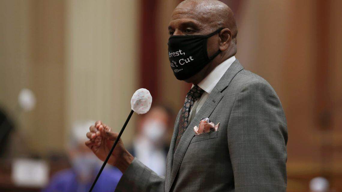 Sen. Steven Bradford, D-Gardena, urges lawmakers to approve a measure to place a proposed Constitutional amendment on the November ballot to overturn the ban on state affirmative action programs, at the Capitol in Sacramento on Wednesday, June 24, 2020. By a 30-10 vote the Senate approved the measure to let voters decide whether to repeal a ban on affirmative action policies in government and public colleges and universities.