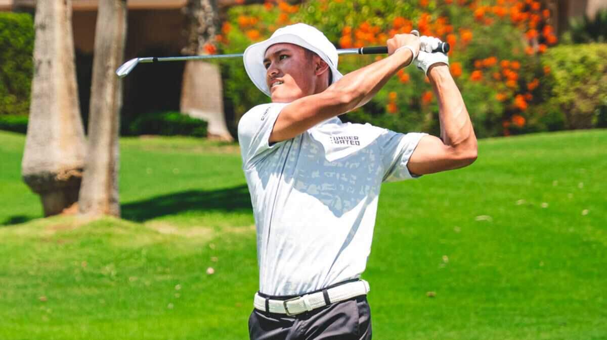 Jayden Lizama follows through on a swing at the Jack Nicklaus Tournament Course at PGA West in Palm Springs in 2025. Lizama, who won the event with a 7-under-par finish, earned a spot in the Curry Cup championship and leads the overall tour standings.