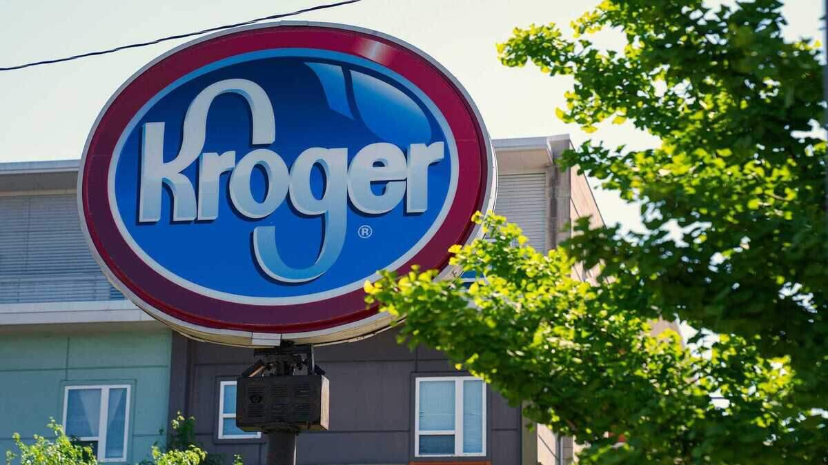A Kroger sign sits outside one of its supermarkets in Indianapolis in 2022. On Friday, Sept. 8, 2023, the Cincinnati, Ohio-based company agreed to pay $1.4 billion to settle claims over its pharmacies’ role in the opioid crisis