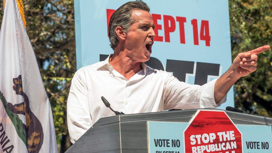 California Democratic Gov. Gavin Newsom campaigns against the California recall election at Culver City High School in Culver City, Calif., Saturday, Sept. 4, 2021. (AP Photo/Damian Dovarganes)