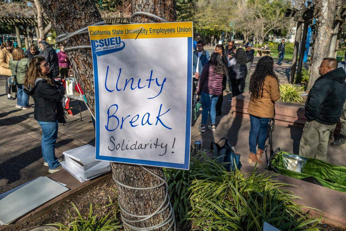Several unions participated in a rally at Sacramento State last month to support a stepped-based compensation structure for upcoming union bargaining sessions.