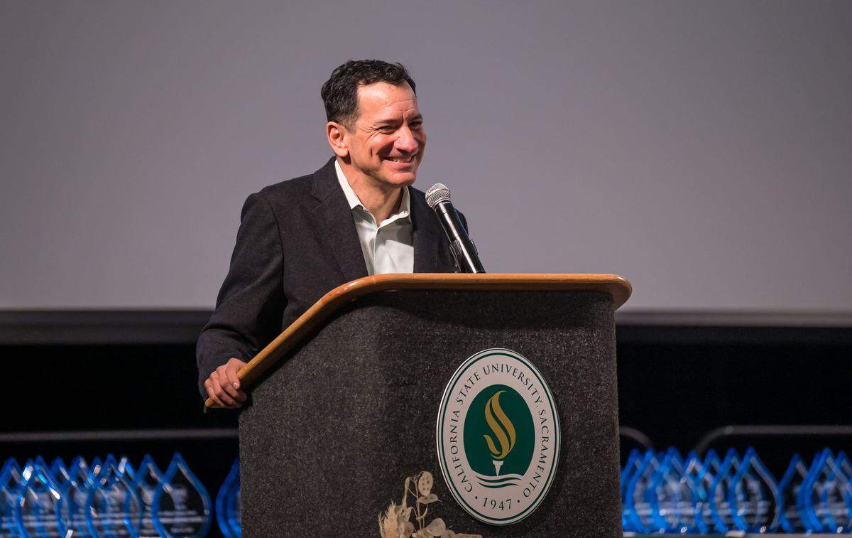 Former State Assembly Speaker Anthony Rendon, D-Lakewood, greets attendees to a March 22, 2023, event at the University Ballroom at Sacramento State.